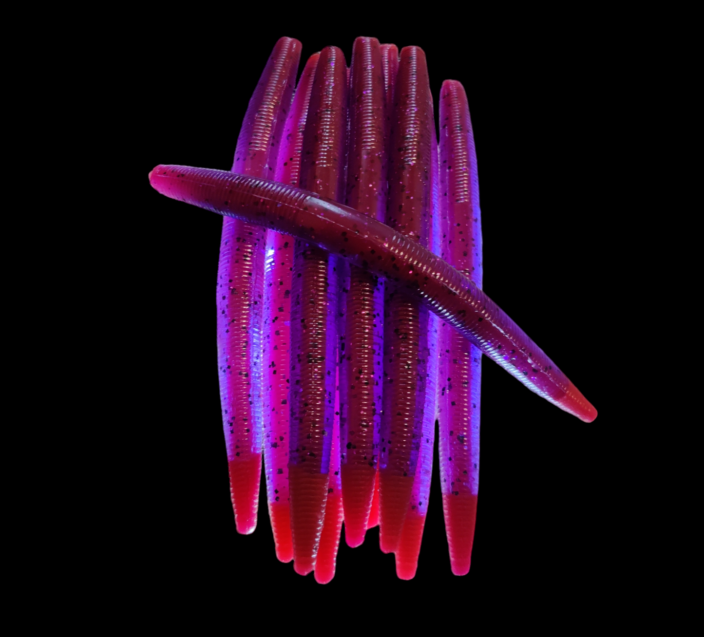 Worm 5" Coreshot Purple Blk flk Red blood Core Fushia flk x8