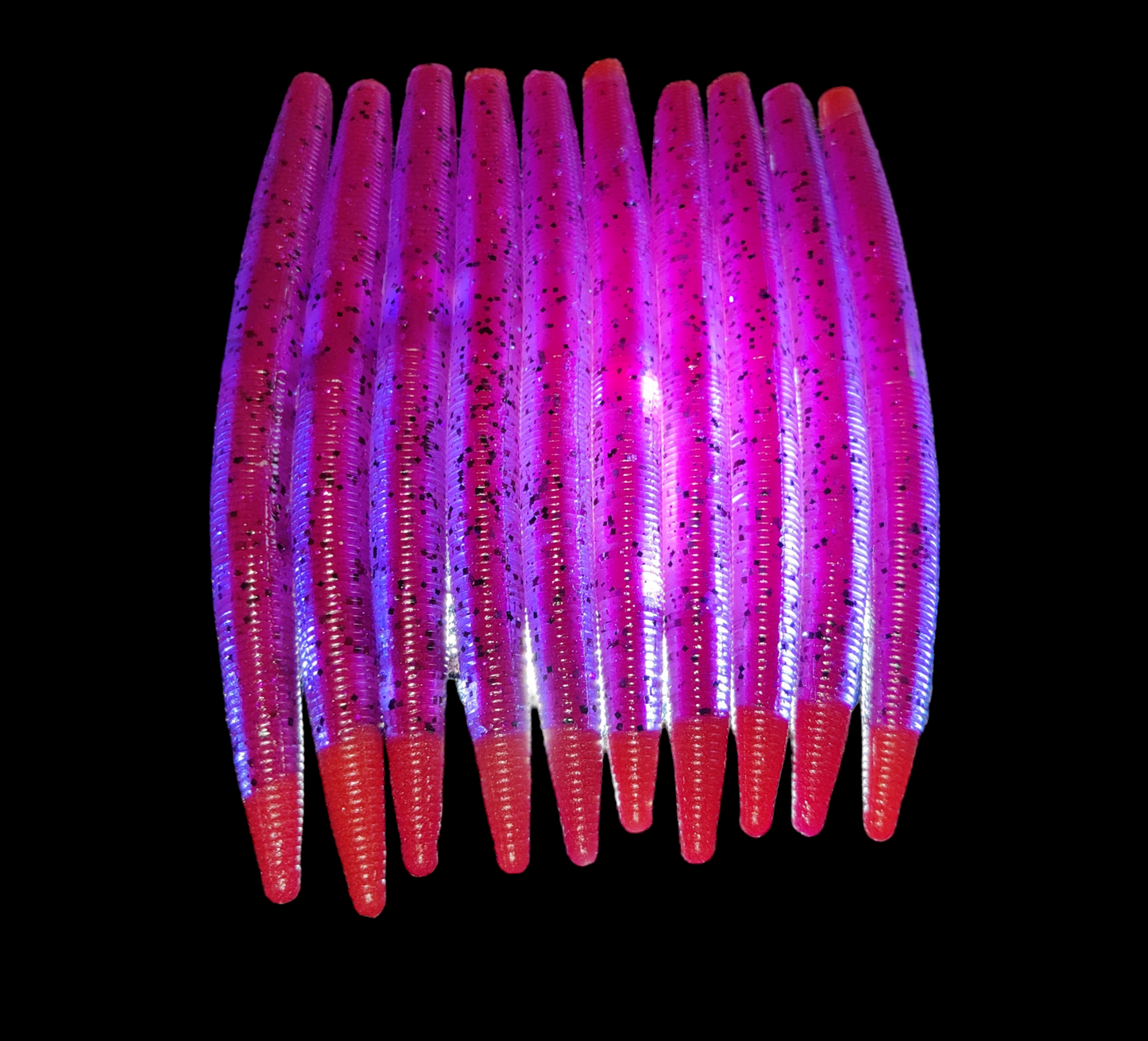 Worm 5" Coreshot Purple Blk flk Red blood Core Fushia flk x8