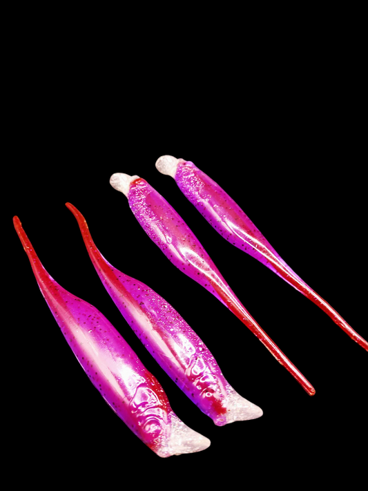 Fly Shad© 6" Purple Blk flk,Core red blood fush flk x4